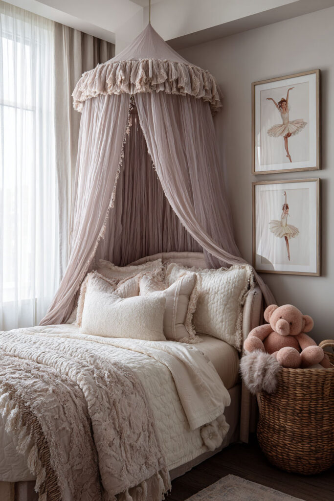 Princess-inspired little girls bedroom with blush canopy bed, textured bedding, ballerina wall art, and plush teddy bear basket.