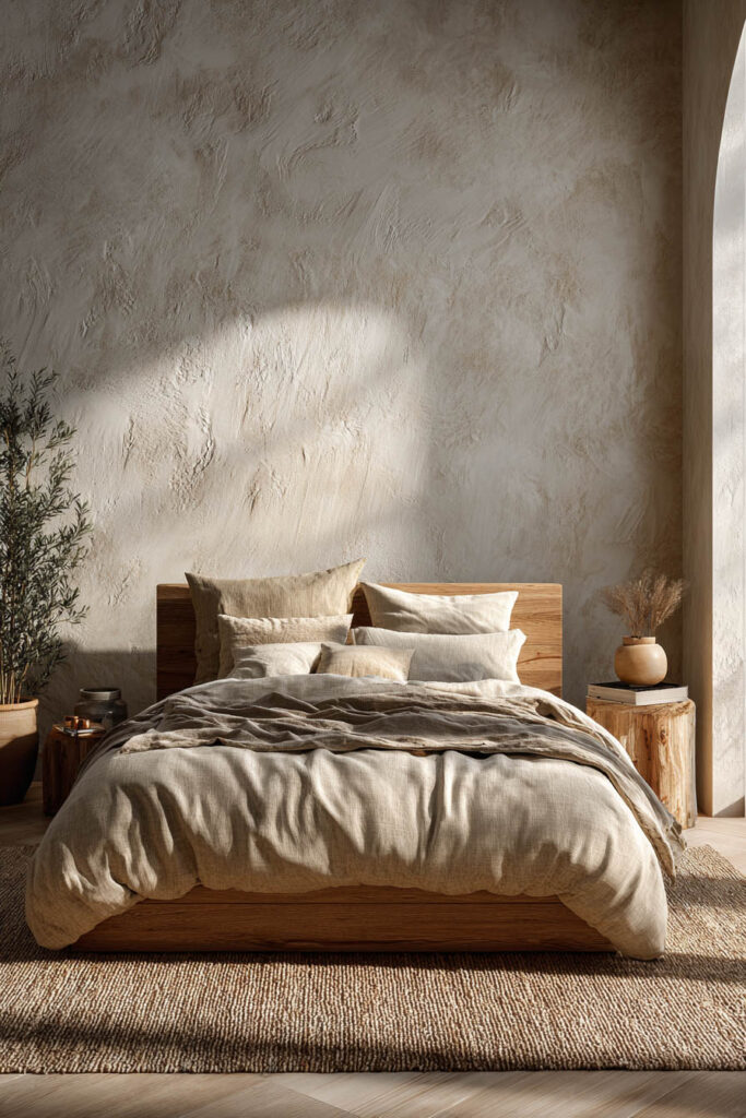 Japandi bedroom with light wood bed frame, neutral linen bedding, textured plaster wall, and soft natural sunlight