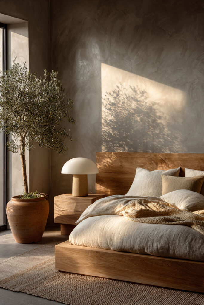 Japandi bedroom with light wood platform bed, neutral linen bedding, olive tree, minimalist lamp, and warm natural sunlight