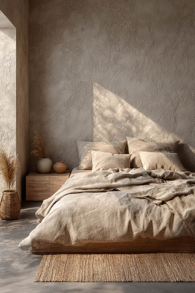 Japandi bedroom with low floor bed, neutral linen bedding, textured plaster wall, woven rug, and earthy decor accents