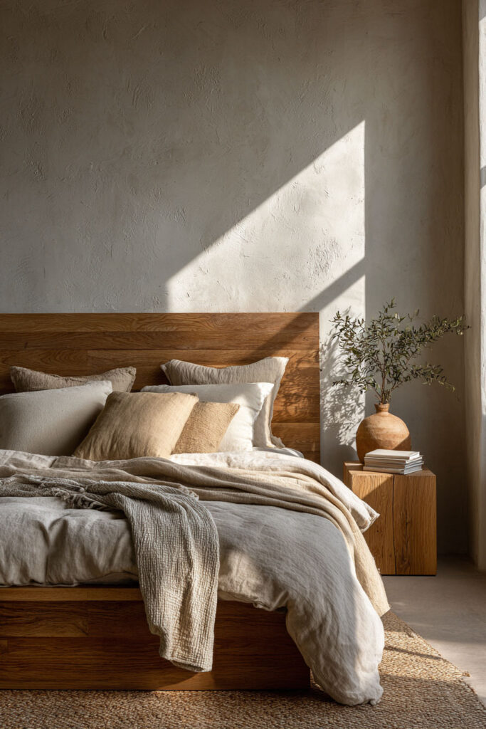 Japandi bedroom with wood bed frame, neutral linen bedding, minimal decor, and soft natural light on textured walls