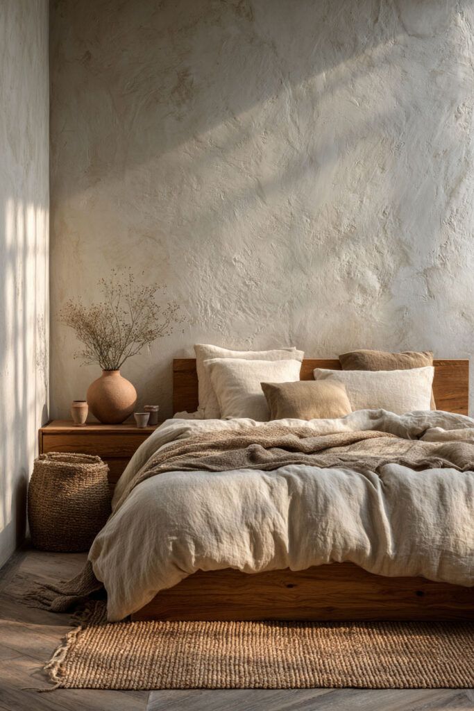 Japandi bedroom with wood platform bed, neutral linen bedding, textured plaster wall, woven rug, and ceramic decor