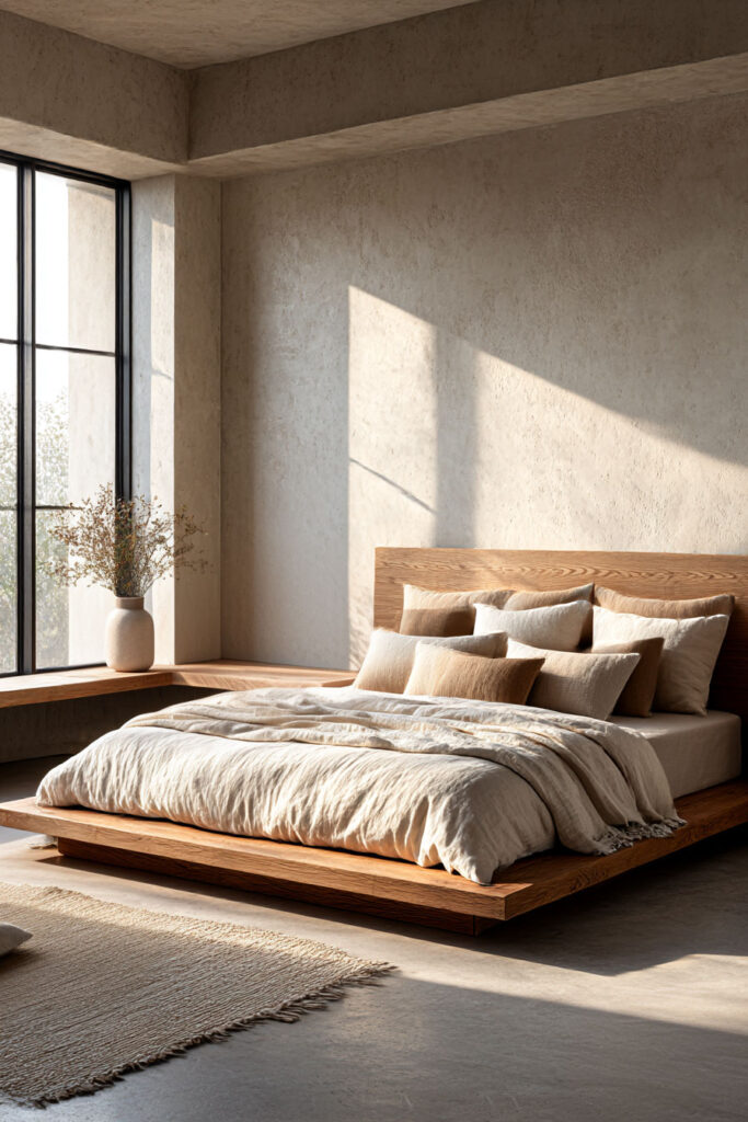 Organic modern bedroom with a low wood platform bed, linen bedding, plaster walls, and natural sunlight.