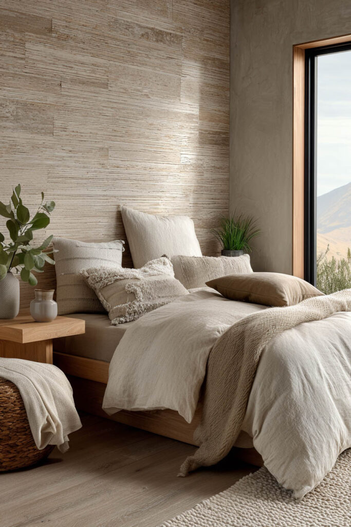Organic modern bedroom with neutral linen bedding, textured natural wall, wood bed frame, and warm earthy decor.