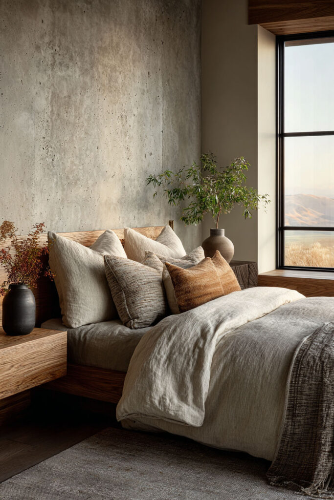 Organic modern bedroom with textured plaster wall, wood bed frame, neutral linen bedding, and natural materials decor.