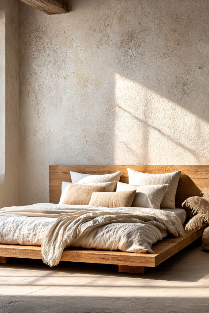 Organic modern bedroom with wood platform bed, textured plaster wall, neutral linen bedding, and warm natural materials.