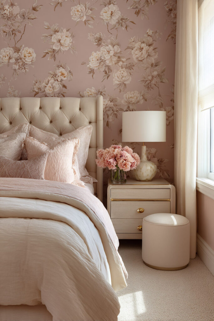 little girls bedroom with pink floral wallpaper, tufted headboard, blush bedding, and soft feminine decor
