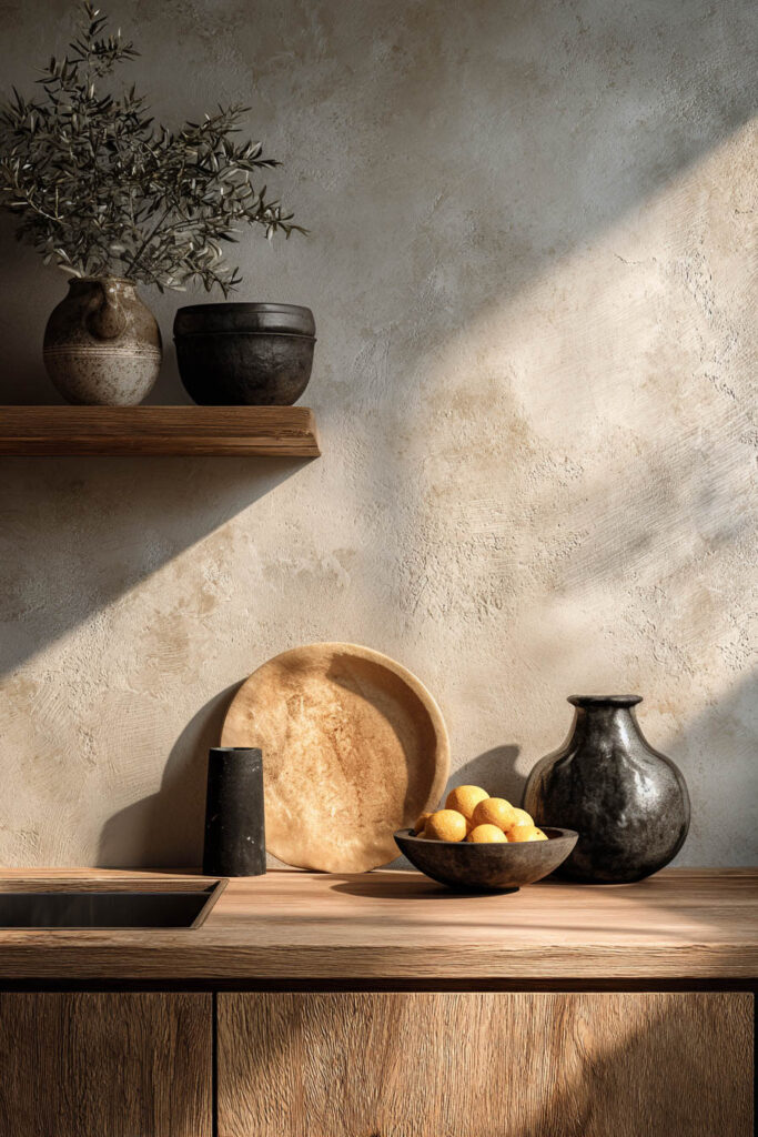 plaster kitchen wall texture with warm wood cabinets and earthy decor, organic modern kitchen detail with neutral tones