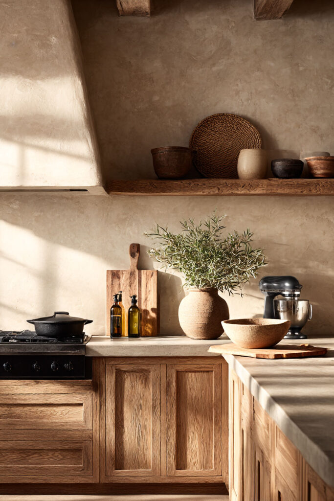 plaster kitchen walls with warm wood cabinets and earthy decor in organic rustic kitchen design
