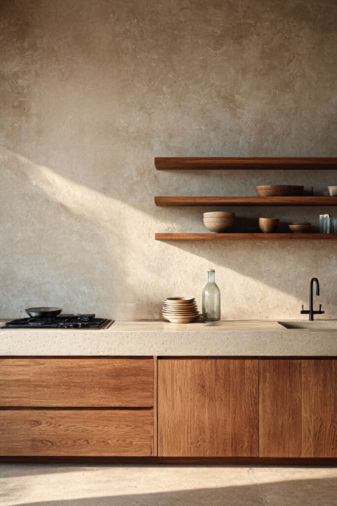 Kitchen with textured plaster walls, natural wood cabinets, open wood shelves, and sunlight highlighting textures