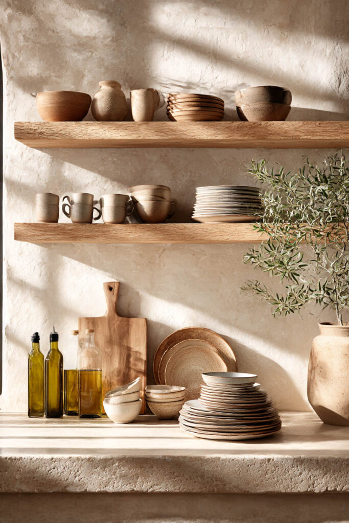plaster wall kitchen with open wood shelves ceramic dishes and neutral decor organic modern kitchen styling with natural textures