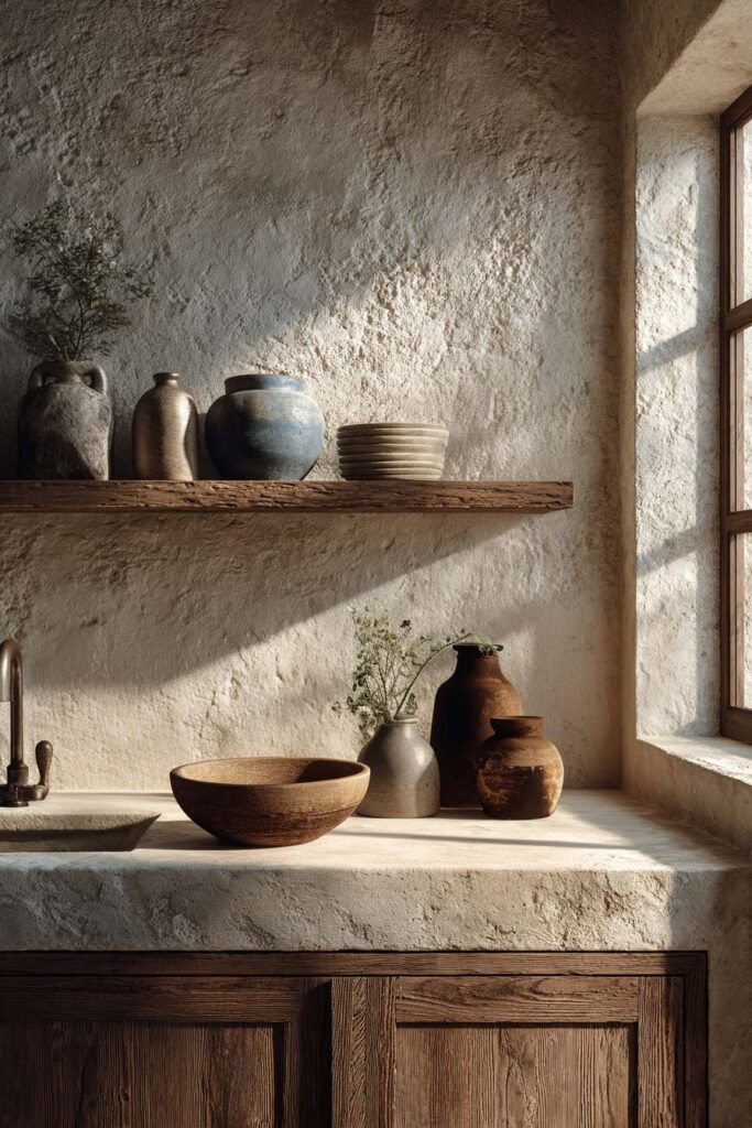 textured plaster wall kitchen with rustic wood cabinets and open shelf styling, organic modern kitchen with earthy tones and natural materials