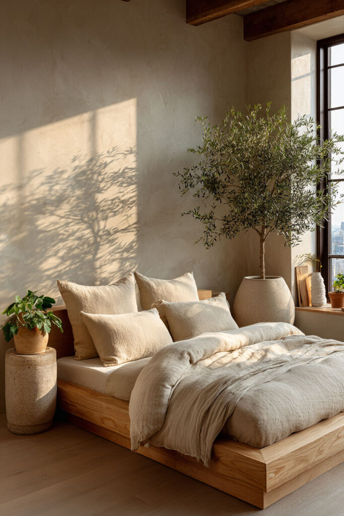 Japandi bedroom with natural materials, light wood platform bed, linen bedding, olive tree, and warm natural sunlight
