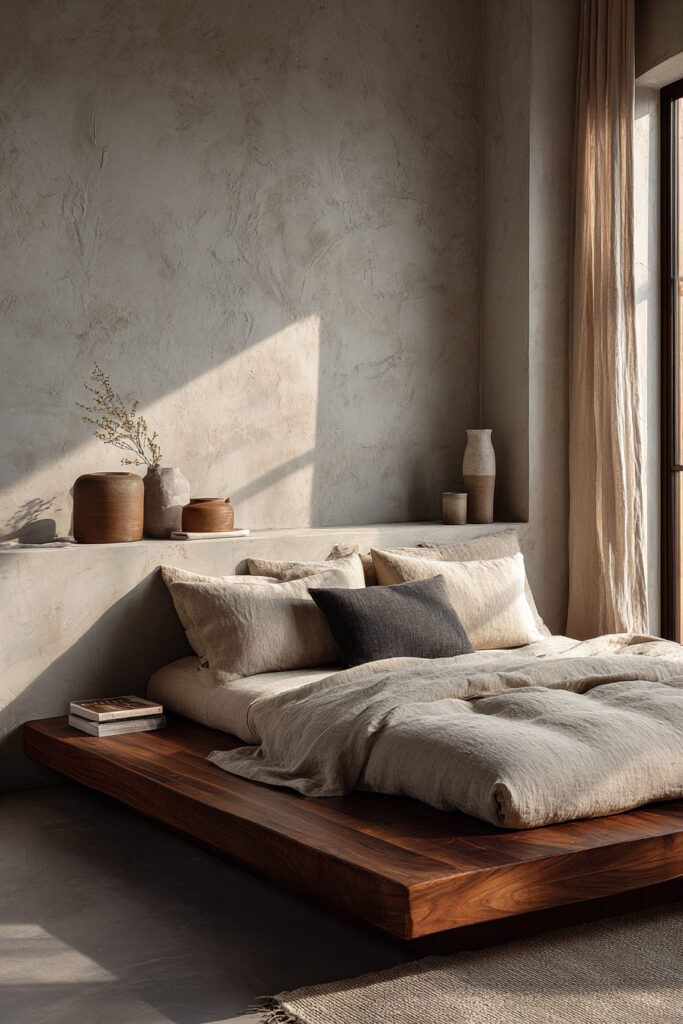 Japandi bedroom with natural materials, wood platform bed, linen bedding, ceramic decor, and soft neutral tones with natural light
