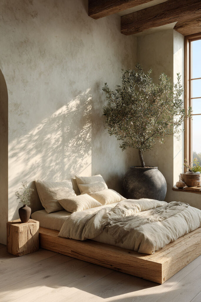 Japandi bedroom with natural materials including wood platform bed, olive tree, plaster wall, and neutral linen bedding in soft sunlight