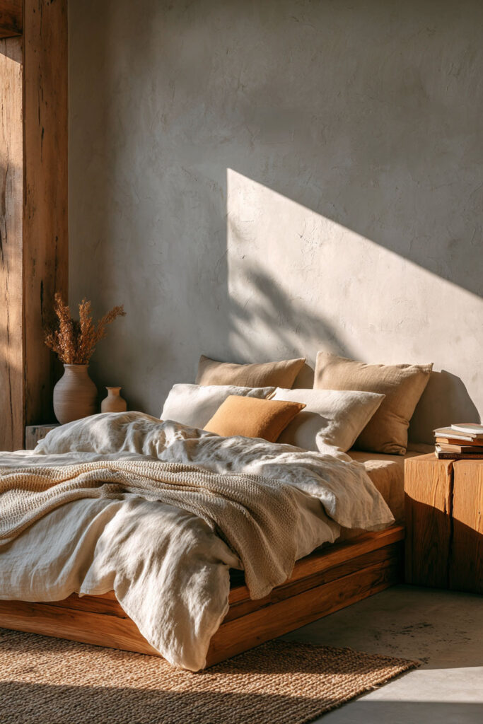 Japandi bedroom with warm neutral bedding, low wood bed frame, textured wall, woven rug, and soft sunlight shadows