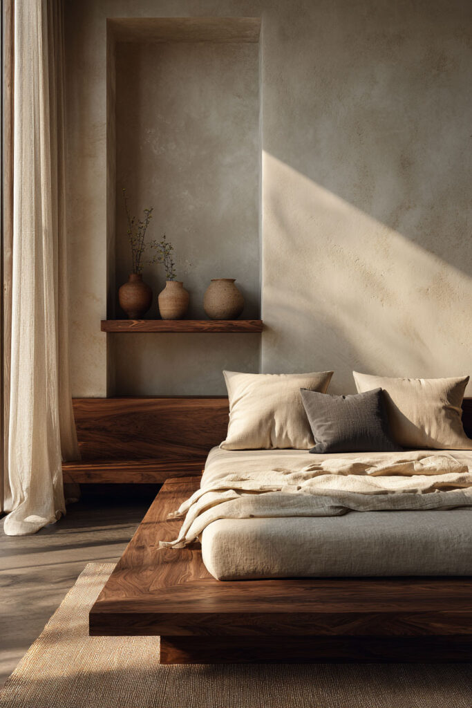Japandi bedroom with wood platform bed, neutral linen bedding, plaster wall, built-in niche shelf, and ceramic decor