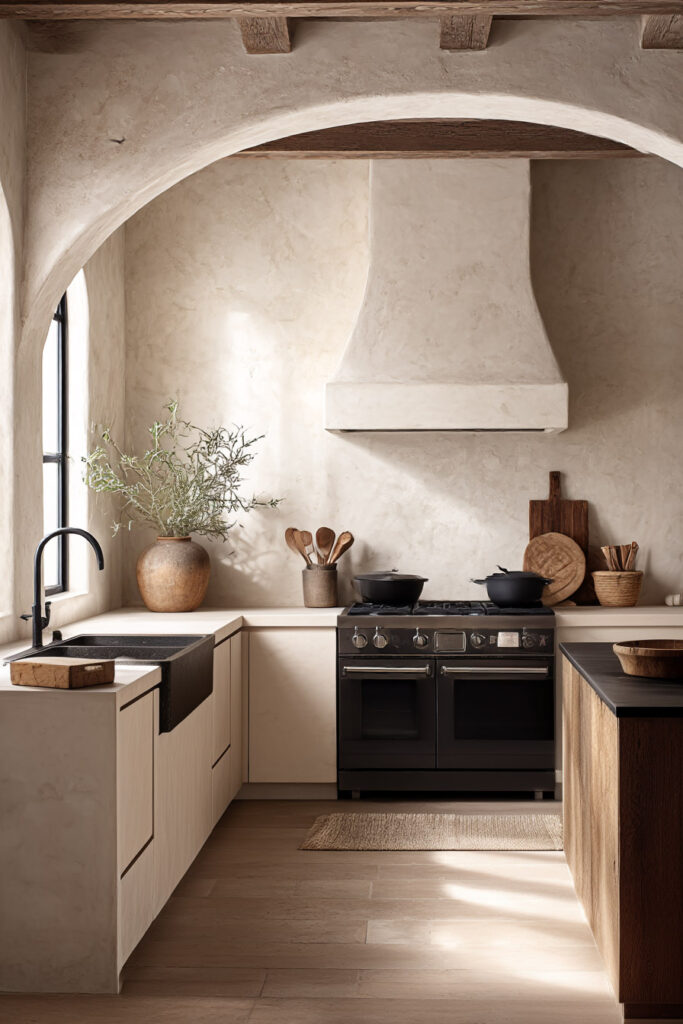 limewash kitchen walls with arched opening warm wood accents and organic modern design