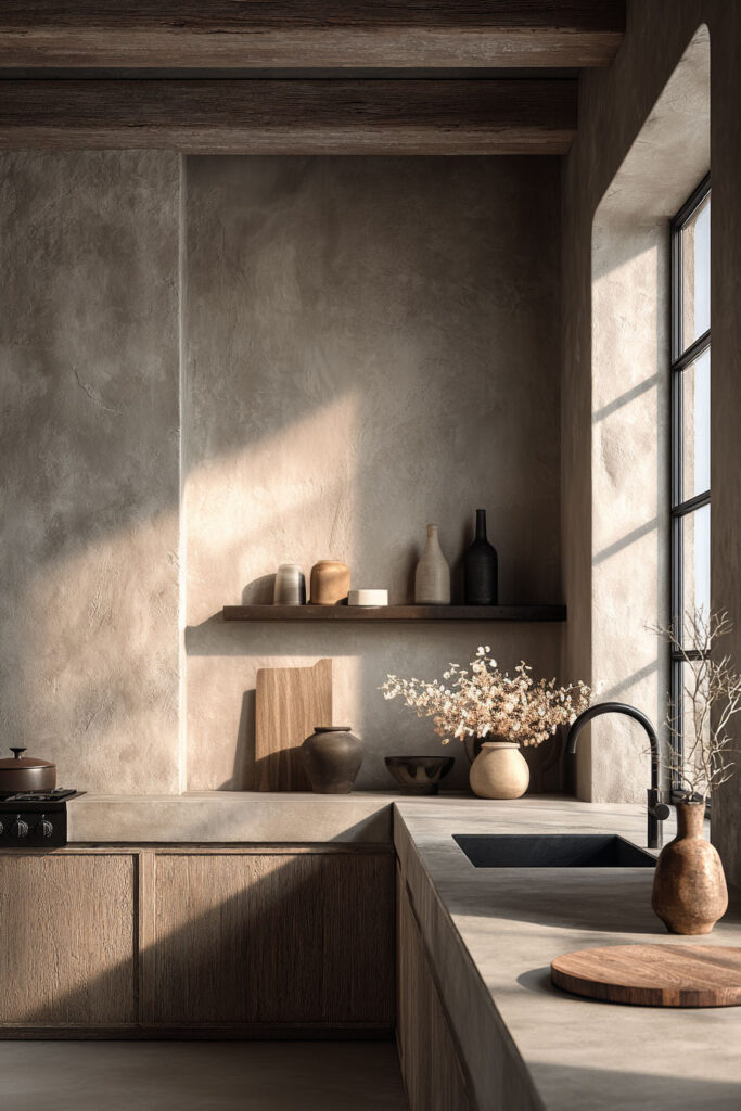 moody kitchen with plaster walls, dark wood cabinets, and stone countertops, organic modern kitchen with textured neutral walls