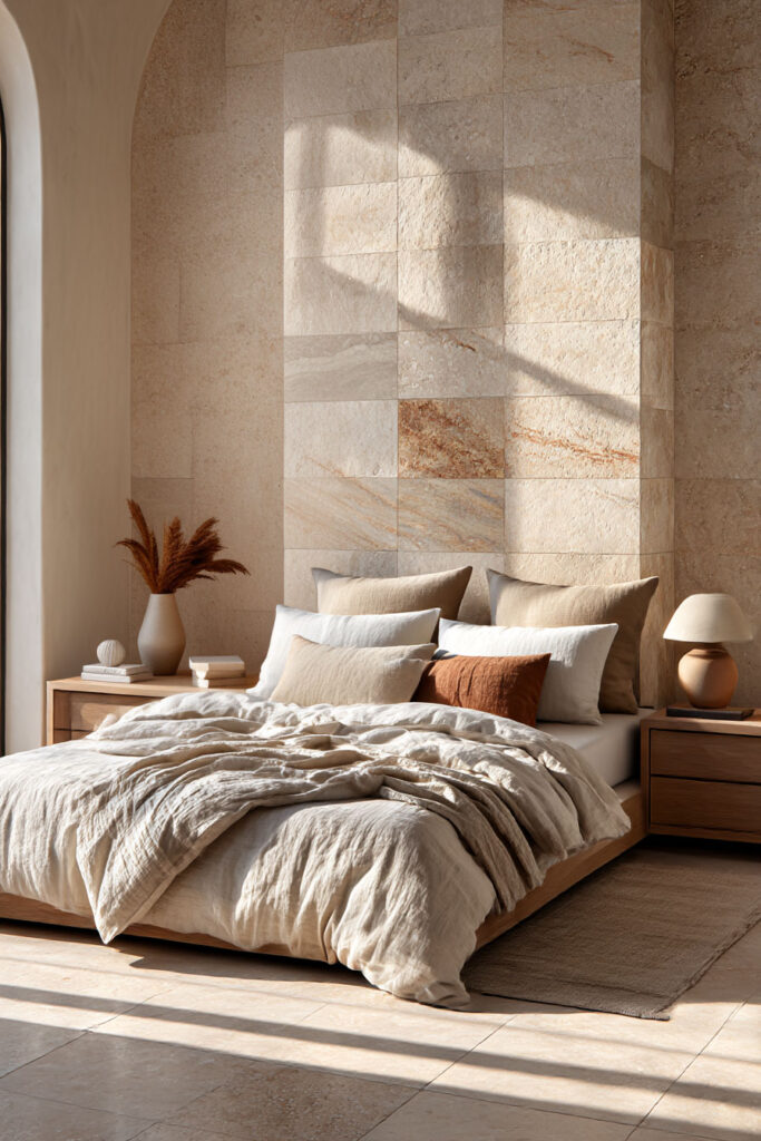 Organic modern bedroom with natural stone accent wall, neutral linen bedding, wood nightstands, and warm earthy decor.
