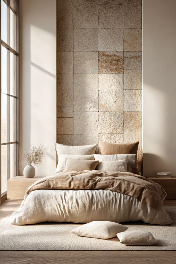 Organic modern bedroom with stone accent wall, layered neutral bedding, natural light, and minimalist earthy decor.