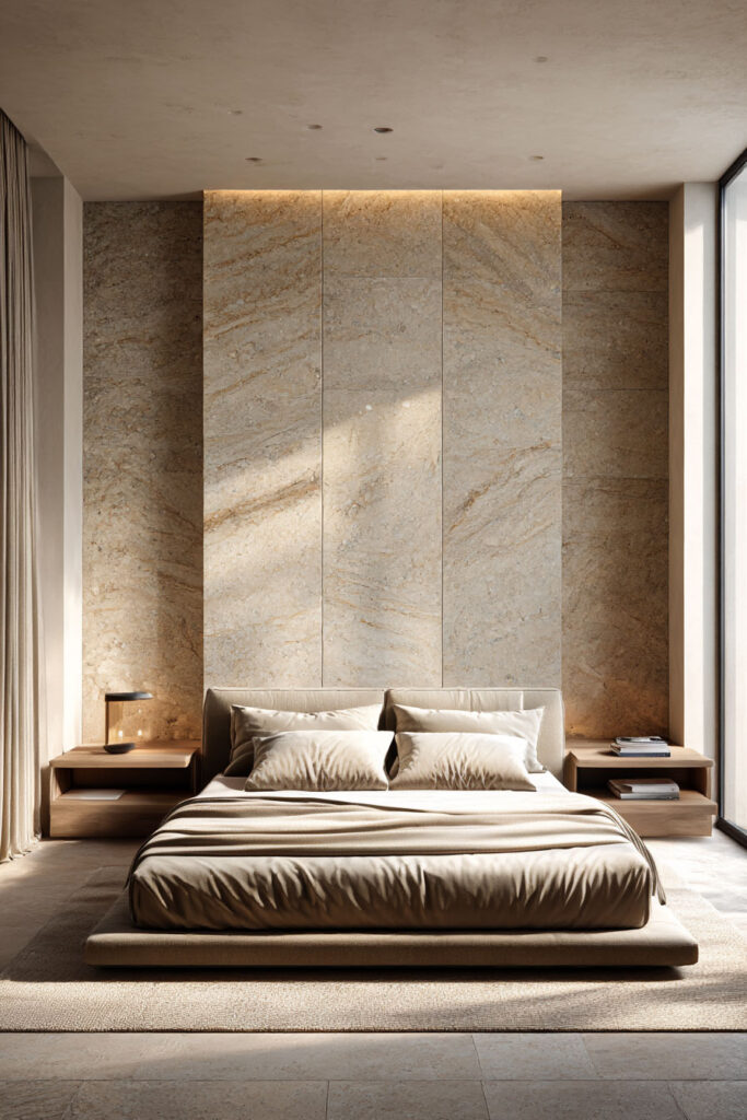 Organic modern bedroom with a stone accent wall, low platform bed, warm neutral bedding, and soft natural lighting.