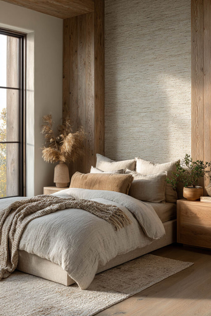 Organic modern bedroom with wood accent wall, neutral linen bedding, warm wood nightstands, and natural materials decor.
