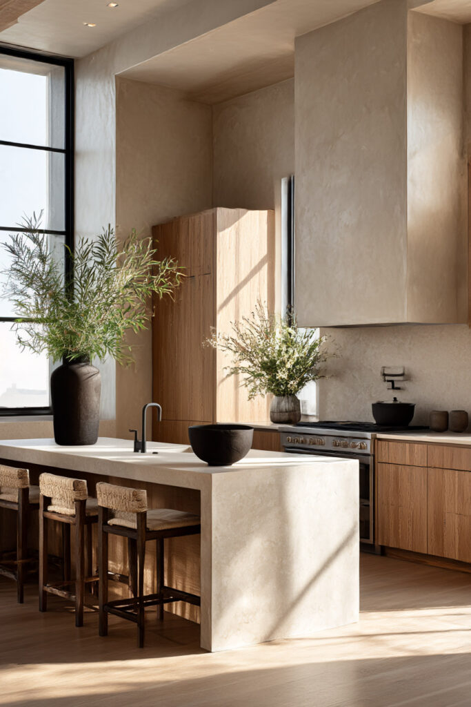 kitchen with plaster hood and walls warm wood cabinets and stone island organic modern kitchen with neutral tones and natural light
