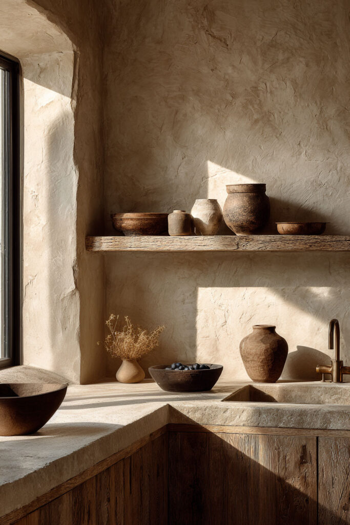 Kitchen with textured plaster walls, rustic wood cabinets, and open wood shelves styled with pottery