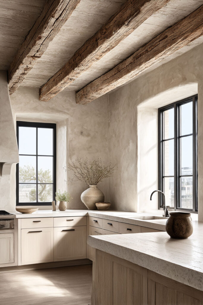 plaster wall kitchen with exposed wood beams, light wood cabinets and natural stone countertops, rustic organic modern kitchen design