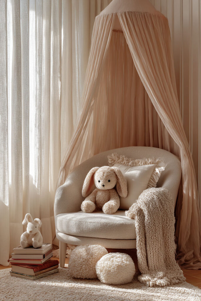 princess inspired little girls bedroom reading nook with canopy chair, plush bunny, soft pillows, and cozy knit blanket