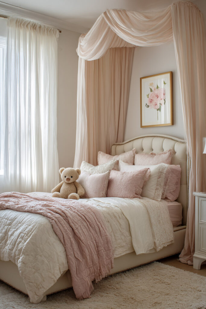 Soft pink princess-inspired little girls bedroom with draped canopy bed, blush bedding, teddy bear, and floral wall art.