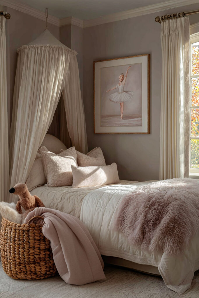 princess inspired little girls bedroom with canopy bed, ballet wall art, neutral bedding, and cozy textures