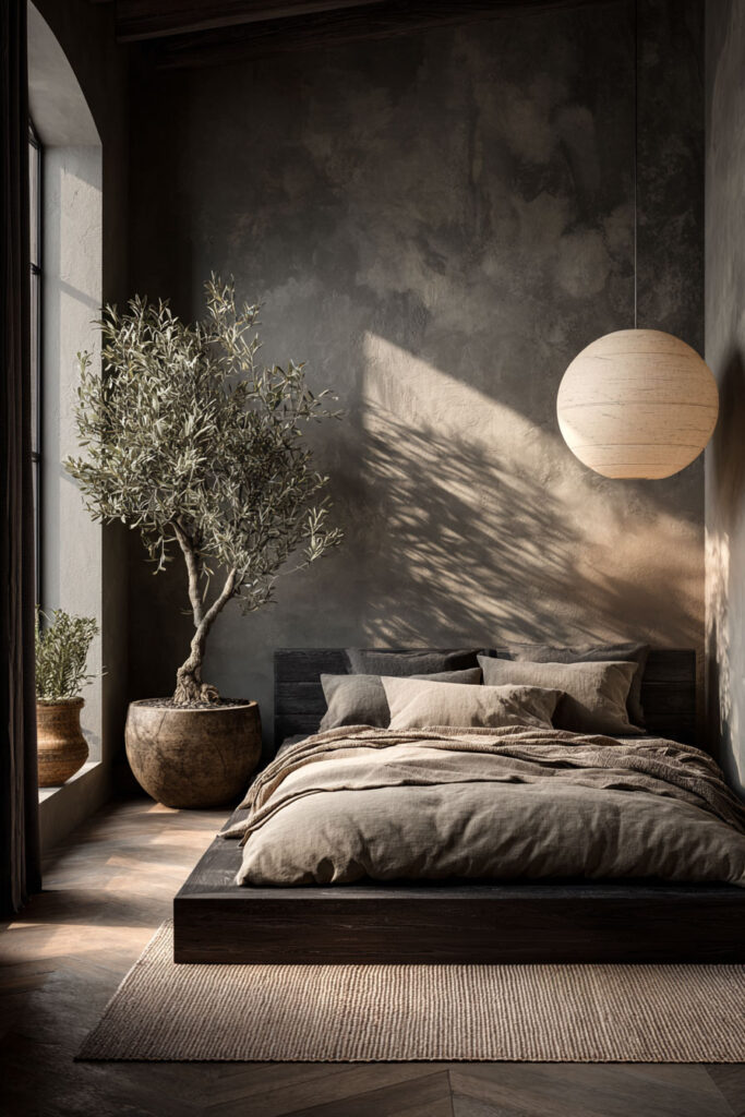 Dark Japandi bedroom with low wood bed, olive tree, textured wall, neutral bedding, and soft natural light