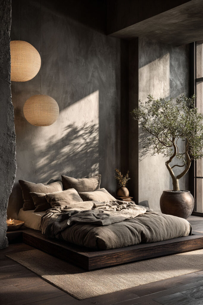 Japandi bedroom with dark wood platform bed, earthy neutral bedding, olive tree, textured walls, and warm ambient lighting