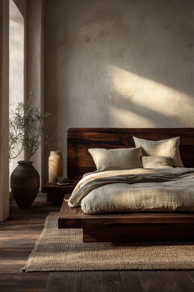 Japandi bedroom with dark wood platform bed, linen bedding, textured walls, ceramic decor, and warm natural light
