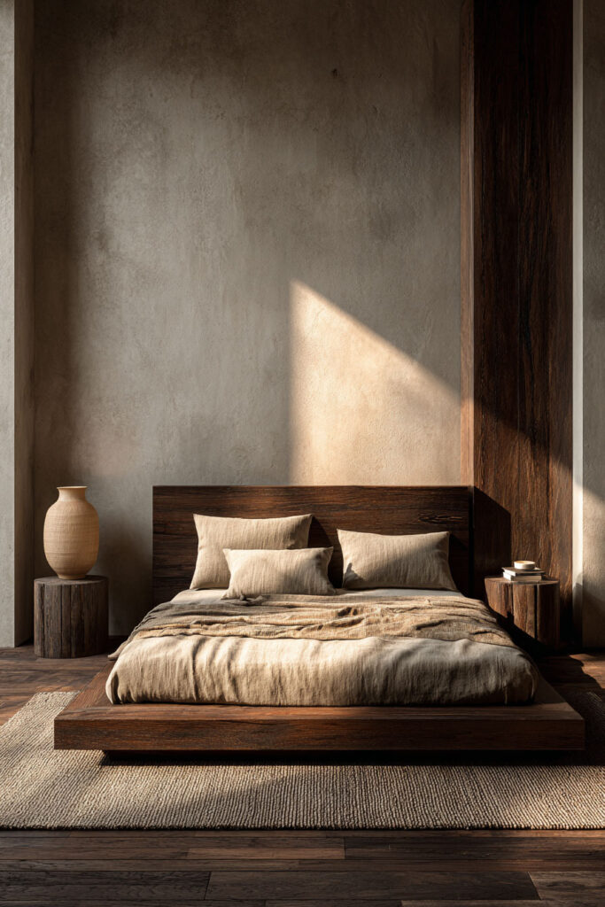 Japandi bedroom with dark wood platform bed, neutral linen bedding, plaster wall, minimal decor, and warm natural sunlight