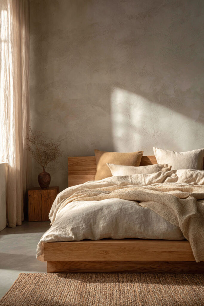 Japandi bedroom with light wood platform bed, neutral linen bedding, textured rug, and soft natural window light