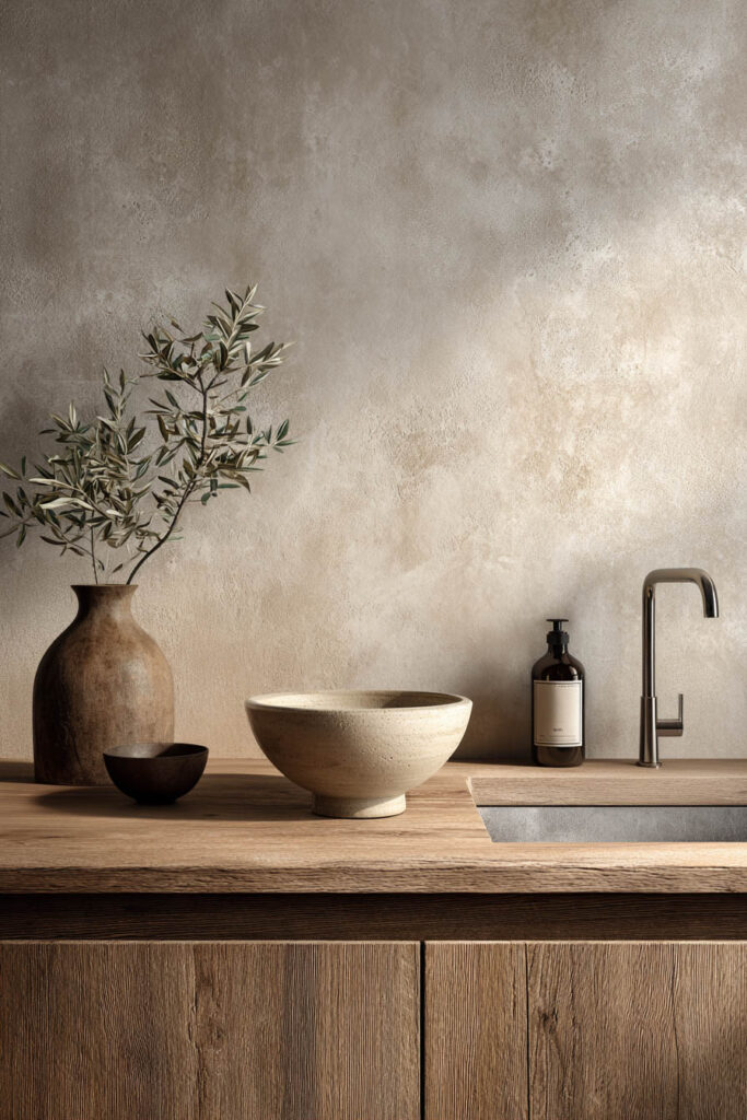limewash kitchen wall texture with warm wood countertop and minimalist styling in organic modern kitchen