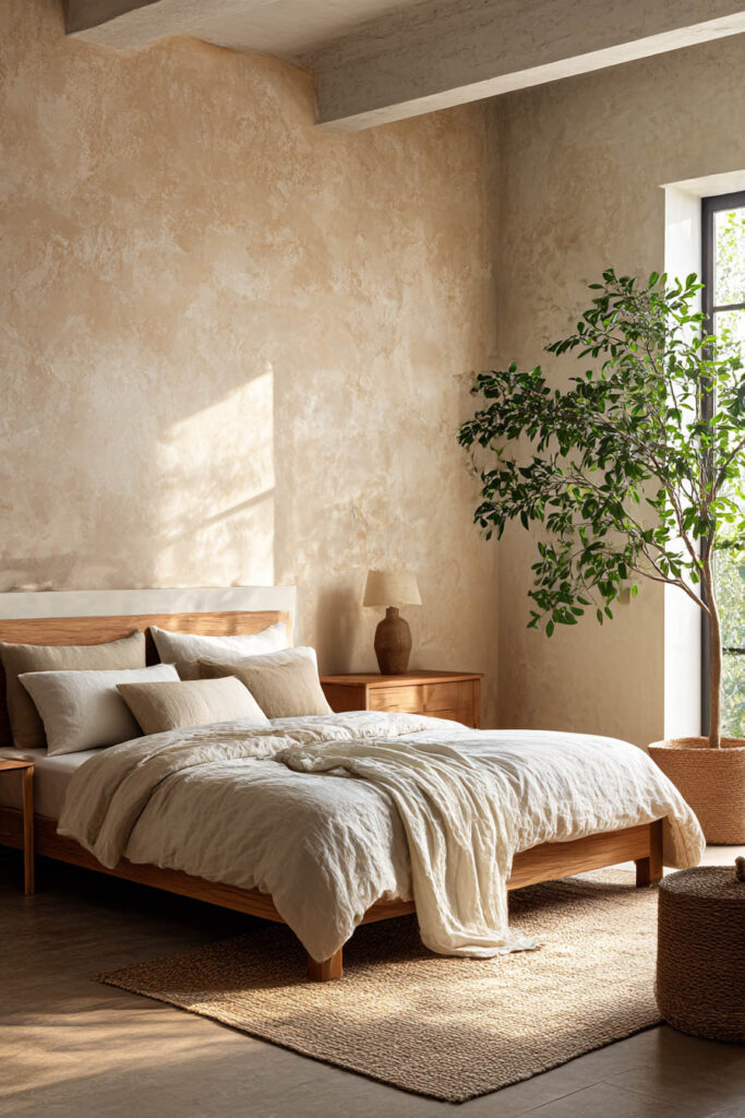Organic modern bedroom with warm wood bed frame, textured plaster walls, neutral linen bedding, and natural sunlight.