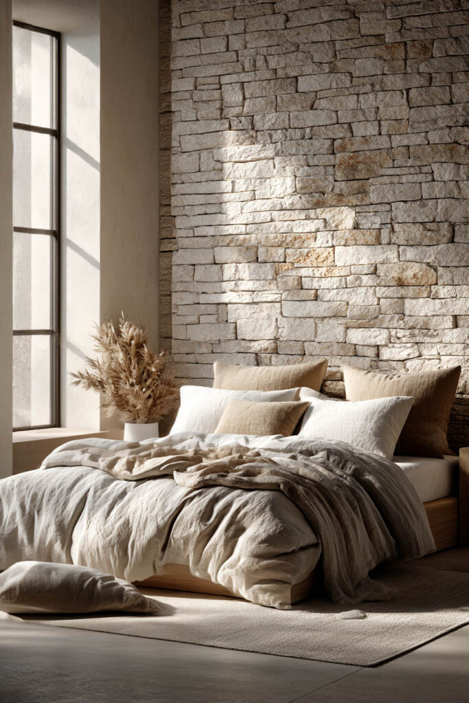 Organic modern bedroom with stacked stone accent wall, neutral linen bedding, wood bed frame, and natural materials decor.
