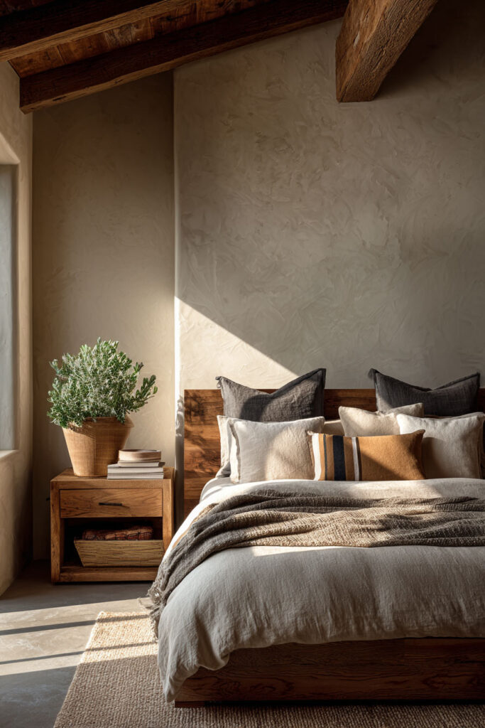 Organic modern bedroom with wood bed frame, plaster walls, layered neutral bedding, and natural materials decor.