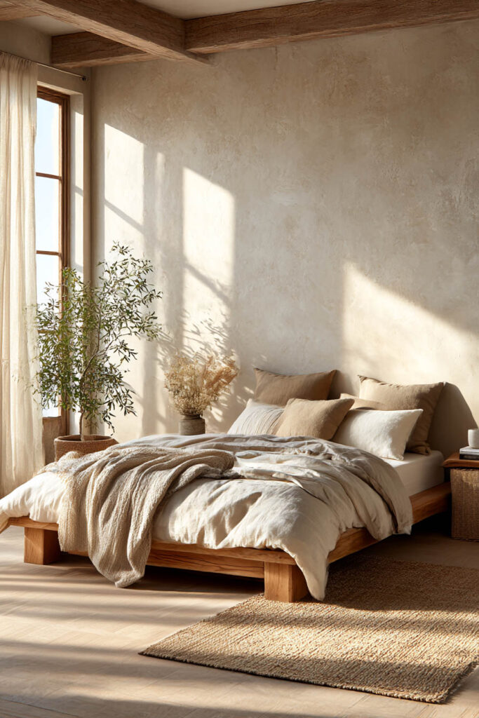 Organic modern bedroom with a wood platform bed, linen bedding, plaster walls, natural sunlight, and woven textures.