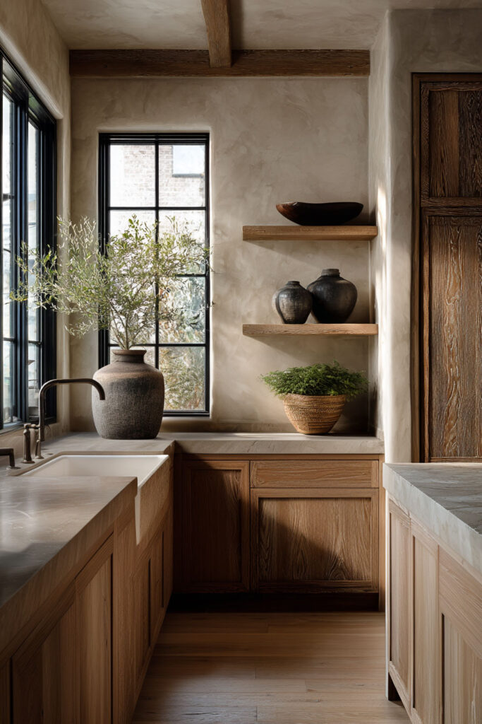 organic modern kitchen with plaster walls, warm wood cabinets, open shelving, and natural light neutral kitchen design