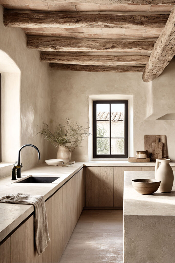 Kitchen with textured plaster and limewash walls, light wood cabinets, and sunlight streaming through a window