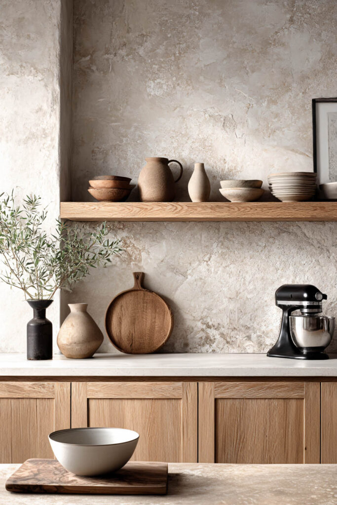 plaster wall kitchen with open wood shelf ceramic decor and light wood cabinets organic modern kitchen with neutral tones