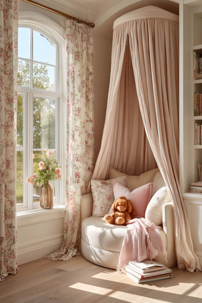 Princess-inspired little girls bedroom reading nook with blush canopy chair, floral curtains, pink pillows, and plush teddy bear.