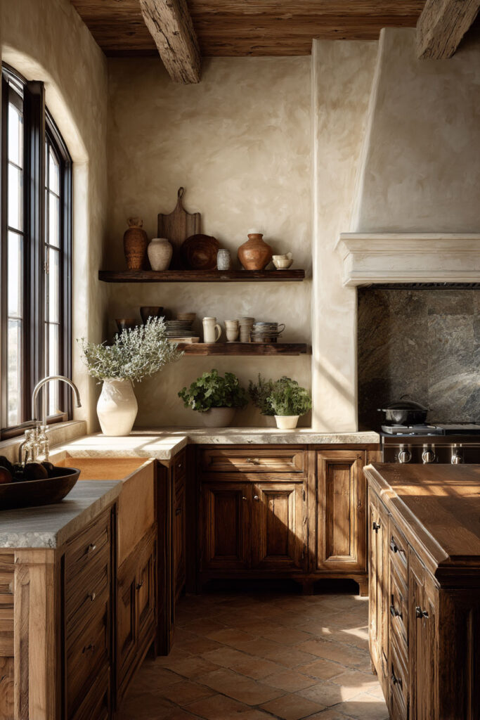 rustic wood kitchen cabinets with plaster walls and open shelving, organic modern kitchen with natural materials and earthy neutral tones