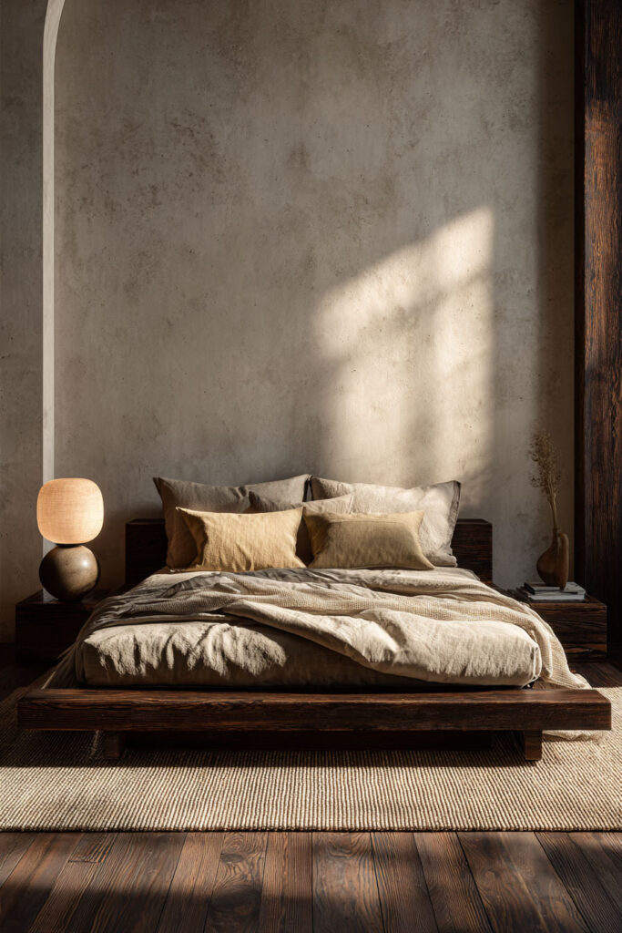 Japandi bedroom with dark wood platform bed, warm neutral linen bedding, textured plaster wall, and soft ambient lighting