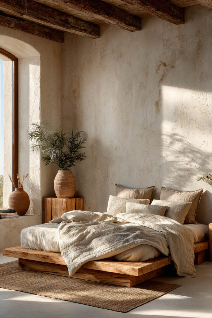 Japandi bedroom with light wood platform bed, linen bedding, textured plaster wall, and warm natural sunlight